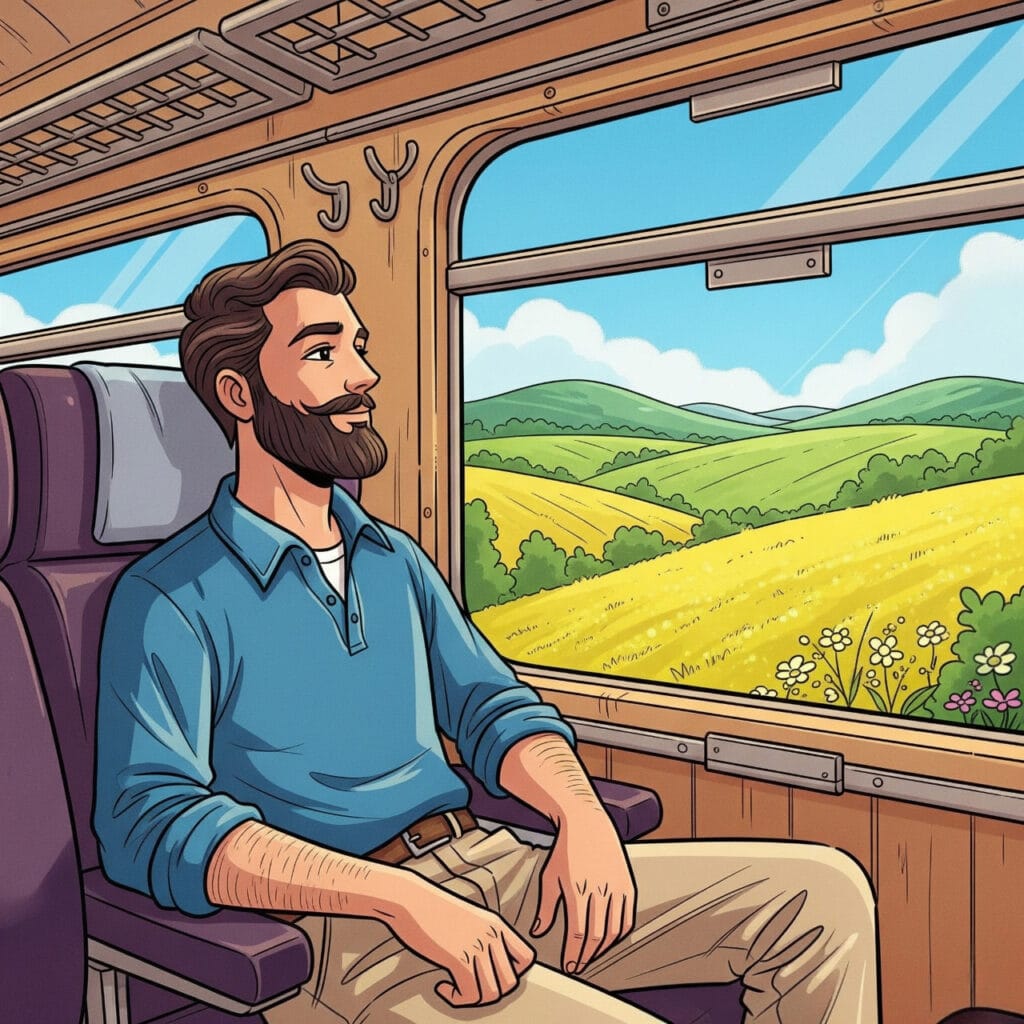 Dessin couleur Marc assis dans son siège regarde par la fenêtre la campagne défiler